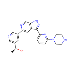 C[C@H](O)c1cncc(-c2cc3c(-c4cccc(N5CCNCC5)n4)n[nH]c3cn2)c1 ZINC000205248559