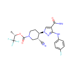 C[C@H](OC(=O)N1CC[C@@H](n2cc(C(N)=O)c(Nc3ccc(F)cc3)n2)[C@H](C#N)C1)C(F)(F)F ZINC000220690605