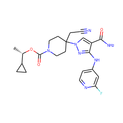 C[C@H](OC(=O)N1CCC(CC#N)(n2cc(C(N)=O)c(Nc3ccnc(F)c3)n2)CC1)C1CC1 ZINC000219281941