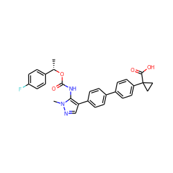 C[C@H](OC(=O)Nc1c(-c2ccc(-c3ccc(C4(C(=O)O)CC4)cc3)cc2)cnn1C)c1ccc(F)cc1 ZINC000095572752