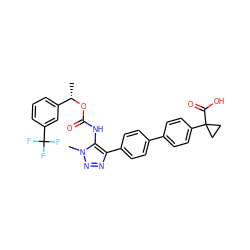 C[C@H](OC(=O)Nc1c(-c2ccc(-c3ccc(C4(C(=O)O)CC4)cc3)cc2)nnn1C)c1cccc(C(F)(F)F)c1 ZINC000095578562