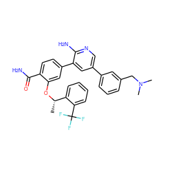 C[C@H](Oc1cc(-c2cc(-c3cccc(CN(C)C)c3)cnc2N)ccc1C(N)=O)c1ccccc1C(F)(F)F ZINC000084654625