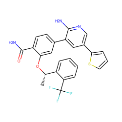 C[C@H](Oc1cc(-c2cc(-c3cccs3)cnc2N)ccc1C(N)=O)c1ccccc1C(F)(F)F ZINC000084711820