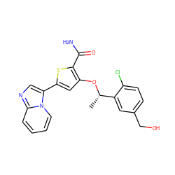 C[C@H](Oc1cc(-c2cnc3ccccn23)sc1C(N)=O)c1cc(CO)ccc1Cl ZINC000043011089