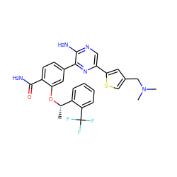 C[C@H](Oc1cc(-c2nc(-c3cc(CN(C)C)cs3)cnc2N)ccc1C(N)=O)c1ccccc1C(F)(F)F ZINC000084655411