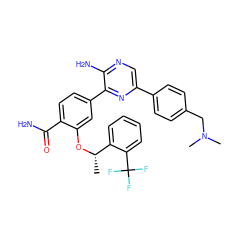 C[C@H](Oc1cc(-c2nc(-c3ccc(CN(C)C)cc3)cnc2N)ccc1C(N)=O)c1ccccc1C(F)(F)F ZINC000084712423