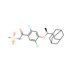 C[C@H](Oc1cc(F)c(C(=O)NS(C)(=O)=O)cc1Cl)C12CC3CC(CC(C3)C1)C2 ZINC000225226689