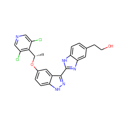 C[C@H](Oc1ccc2[nH]nc(-c3nc4cc(CCO)ccc4[nH]3)c2c1)c1c(Cl)cncc1Cl ZINC000653816391