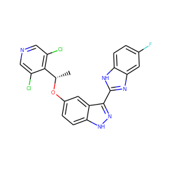 C[C@H](Oc1ccc2[nH]nc(-c3nc4cc(F)ccc4[nH]3)c2c1)c1c(Cl)cncc1Cl ZINC000653829428