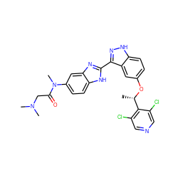 C[C@H](Oc1ccc2[nH]nc(-c3nc4cc(N(C)C(=O)CN(C)C)ccc4[nH]3)c2c1)c1c(Cl)cncc1Cl ZINC000653822620