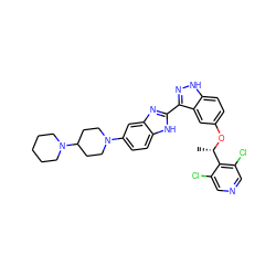 C[C@H](Oc1ccc2[nH]nc(-c3nc4cc(N5CCC(N6CCCCC6)CC5)ccc4[nH]3)c2c1)c1c(Cl)cncc1Cl ZINC000653823877