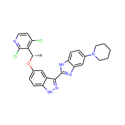 C[C@H](Oc1ccc2[nH]nc(-c3nc4cc(N5CCCCC5)ccc4[nH]3)c2c1)c1c(Cl)ccnc1Cl ZINC000653829523