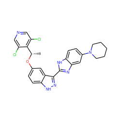 C[C@H](Oc1ccc2[nH]nc(-c3nc4cc(N5CCCCC5)ccc4[nH]3)c2c1)c1c(Cl)cncc1Cl ZINC000653829434