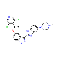 C[C@H](Oc1ccc2[nH]nc(-c3nc4cc(N5CCN(C)CC5)ccc4[nH]3)c2c1)c1c(Cl)cncc1Cl ZINC000653816283