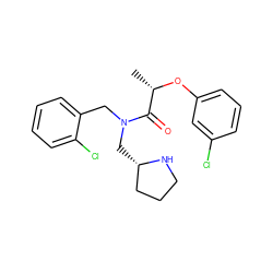 C[C@H](Oc1cccc(Cl)c1)C(=O)N(Cc1ccccc1Cl)C[C@H]1CCCN1 ZINC000040379620