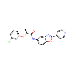 C[C@H](Oc1cccc(Cl)c1)C(=O)Nc1ccc2oc(-c3ccncc3)nc2c1 ZINC000095601378