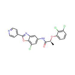 C[C@H](Oc1cccc(Cl)c1Cl)C(=O)Nc1cc(Cl)c2oc(-c3ccncc3)nc2c1 ZINC000095605624