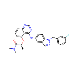 C[C@H](Oc1cccc2ncnc(Nc3ccc4c(cnn4Cc4cccc(F)c4)c3)c12)C(=O)N(C)C ZINC000029041321