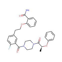 C[C@H](Oc1ccccc1)C(=O)N1CCN(C(=O)c2cc(CCOc3ccccc3C(N)=O)ccc2F)CC1 ZINC000040895533