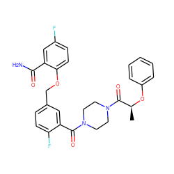 C[C@H](Oc1ccccc1)C(=O)N1CCN(C(=O)c2cc(COc3ccc(F)cc3C(N)=O)ccc2F)CC1 ZINC000040934677