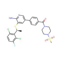 C[C@H](Sc1cc(-c2ccc(C(=O)N3CCN(S(C)(=O)=O)CC3)cc2)cnc1N)c1c(Cl)ccc(F)c1Cl ZINC000096285931