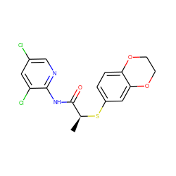 C[C@H](Sc1ccc2c(c1)OCCO2)C(=O)Nc1ncc(Cl)cc1Cl ZINC000002656917