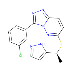 C[C@H](Sc1ccc2nnc(-c3cccc(Cl)c3)n2n1)c1ccn[nH]1 ZINC000095603489