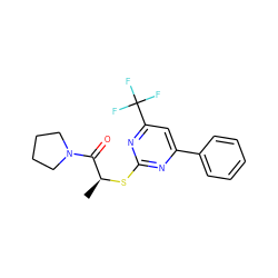 C[C@H](Sc1nc(-c2ccccc2)cc(C(F)(F)F)n1)C(=O)N1CCCC1 ZINC000000901030