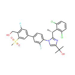 C[C@H](c1c(Cl)cccc1Cl)c1nc(C(C)(C)O)cn1-c1ccc(-c2cc(F)c(CO)c(S(C)(=O)=O)c2)cc1F ZINC000114576449