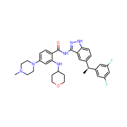 C[C@H](c1cc(F)cc(F)c1)c1ccc2[nH]nc(NC(=O)c3ccc(N4CCN(C)CC4)cc3NC3CCOCC3)c2c1 ZINC000148686825