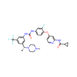 C[C@H](c1cc(NC(=O)Nc2ccc(Oc3ccnc(NC(=O)C4CC4)c3)c(F)c2)cc(C(F)(F)F)c1)N1CCN(C)CC1 ZINC001772585241