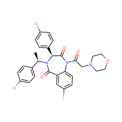 C[C@H](c1ccc(Cl)cc1)N1C(=O)c2cc(I)ccc2N(C(=O)CN2CCOCC2)C(=O)[C@@H]1c1ccc(Cl)cc1 ZINC000038377658
