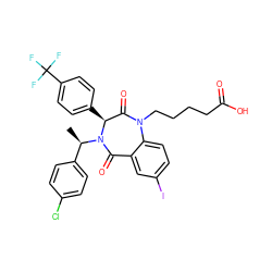 C[C@H](c1ccc(Cl)cc1)N1C(=O)c2cc(I)ccc2N(CCCCC(=O)O)C(=O)[C@@H]1c1ccc(C(F)(F)F)cc1 ZINC000038377631