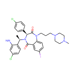 C[C@H](c1ccc(Cl)cc1N)N1C(=O)c2cc(I)ccc2N(CCCN2CCN(C)CC2)C(=O)[C@@H]1c1ccc(Cl)cc1 ZINC000038377629