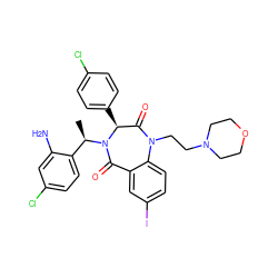 C[C@H](c1ccc(Cl)cc1N)N1C(=O)c2cc(I)ccc2N(CCN2CCOCC2)C(=O)[C@@H]1c1ccc(Cl)cc1 ZINC000038377627
