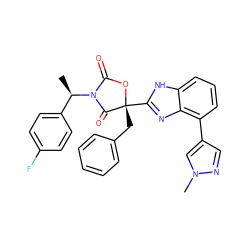 C[C@H](c1ccc(F)cc1)N1C(=O)O[C@](Cc2ccccc2)(c2nc3c(-c4cnn(C)c4)cccc3[nH]2)C1=O ZINC000147700884