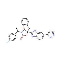 C[C@H](c1ccc(F)cc1)N1C(=O)O[C@](Cc2ccccc2)(c2nc3ccc(-c4ccn[nH]4)cc3[nH]2)C1=O ZINC000205341544