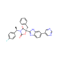 C[C@H](c1ccc(F)cc1)N1C(=O)O[C@](Cc2ccccc2)(c2nc3ccc(-c4cncnc4)cc3[nH]2)C1=O ZINC000205338716