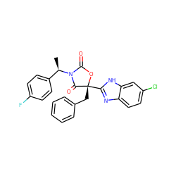 C[C@H](c1ccc(F)cc1)N1C(=O)O[C@](Cc2ccccc2)(c2nc3ccc(Cl)cc3[nH]2)C1=O ZINC000147703896