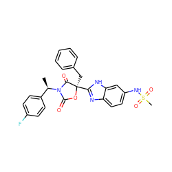 C[C@H](c1ccc(F)cc1)N1C(=O)O[C@](Cc2ccccc2)(c2nc3ccc(NS(C)(=O)=O)cc3[nH]2)C1=O ZINC000225355865