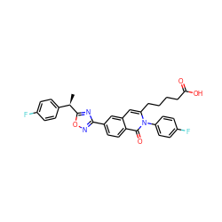 C[C@H](c1ccc(F)cc1)c1nc(-c2ccc3c(=O)n(-c4ccc(F)cc4)c(CCCCC(=O)O)cc3c2)no1 ZINC001772589945