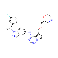 C[C@H](c1cccc(F)c1)n1ncc2cc(Nc3ncnn4ccc(COC[C@@H]5CNCCO5)c34)ccc21 ZINC000028901172