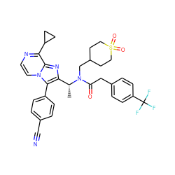 C[C@H](c1nc2c(C3CC3)nccn2c1-c1ccc(C#N)cc1)N(CC1CCS(=O)(=O)CC1)C(=O)Cc1ccc(C(F)(F)F)cc1 ZINC000049695212