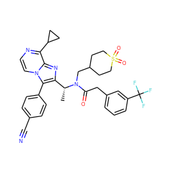 C[C@H](c1nc2c(C3CC3)nccn2c1-c1ccc(C#N)cc1)N(CC1CCS(=O)(=O)CC1)C(=O)Cc1cccc(C(F)(F)F)c1 ZINC000049708563