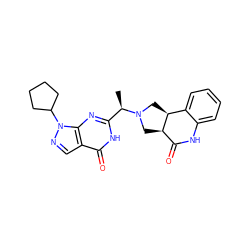 C[C@H](c1nc2c(cnn2C2CCCC2)c(=O)[nH]1)N1C[C@@H]2C(=O)Nc3ccccc3[C@@H]2C1 ZINC001772571145