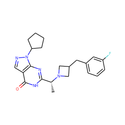 C[C@H](c1nc2c(cnn2C2CCCC2)c(=O)[nH]1)N1CC(Cc2cccc(F)c2)C1 ZINC000116975843