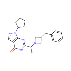 C[C@H](c1nc2c(cnn2C2CCCC2)c(=O)[nH]1)N1CC(Cc2ccccc2)C1 ZINC000116977827