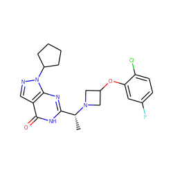 C[C@H](c1nc2c(cnn2C2CCCC2)c(=O)[nH]1)N1CC(Oc2cc(F)ccc2Cl)C1 ZINC000116977775