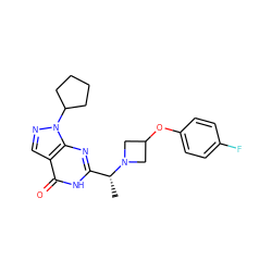 C[C@H](c1nc2c(cnn2C2CCCC2)c(=O)[nH]1)N1CC(Oc2ccc(F)cc2)C1 ZINC000116981233