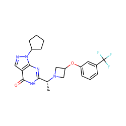 C[C@H](c1nc2c(cnn2C2CCCC2)c(=O)[nH]1)N1CC(Oc2cccc(C(F)(F)F)c2)C1 ZINC000116978497